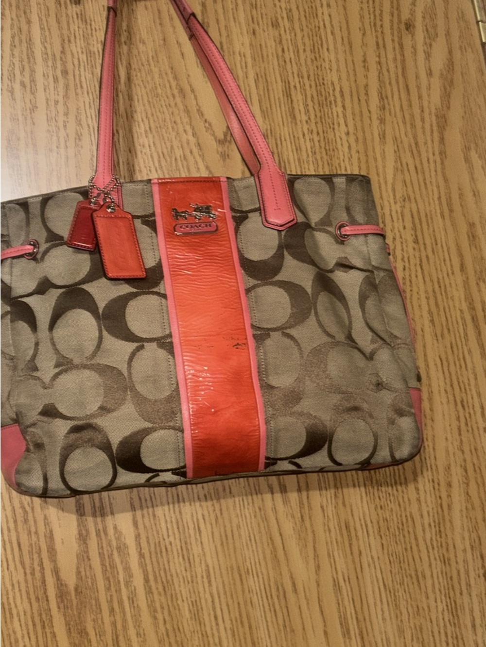 Coach Tan Signature Tote with Coral Stripe and Pink Trim